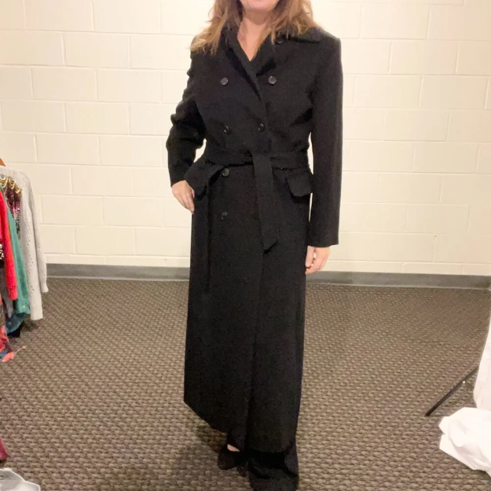 Calvin Klein Maxi Coat Size 12 Vintage 80's Black Double Breast Belt Merino Wool - Picture 2 of 15